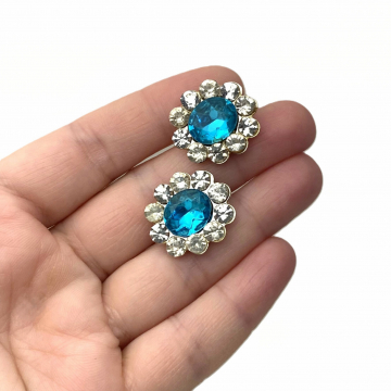 Vintage Vivid Blue Rhinestone Screw Back Earrings with Clear Rhinestone Accents Clip on Earrings 1950s