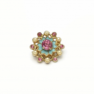 Antique Coro Brooch Small 7/8" Pink and Blue with Tiny Faux Pearls Pink Crystal and Turquoise Enamel 1919 Signature
