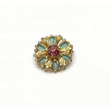 Antique Coro Brooch Pin Small Turquoise Blue Enamel with Tiny Faux Pearls and Pink Crystal Rhinestones Circa 1919 Vintage