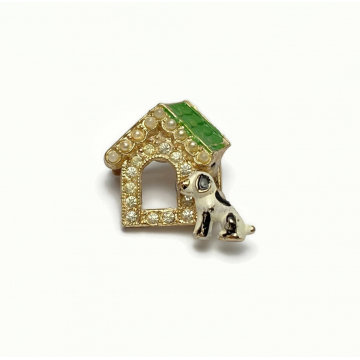 Vintage Tiny Dog and Doghouse Pin Brooch with Rhinestones Enamel and Faux Pearls 1930s 1940s