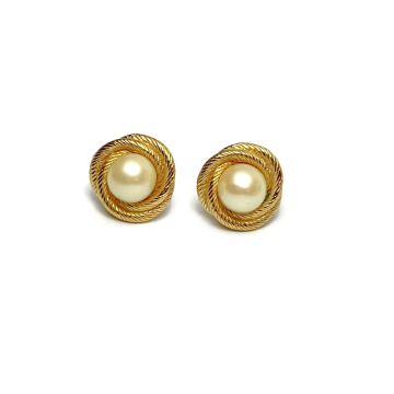 Vintage Monet Gold and Pearl Love Knot Earrings Textured Gold Knot Earrings with Pearl Accent