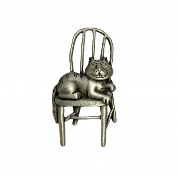 Vintage JJ Jonette Pewter Cat Brooch Cheshire Smiling Tiger Cat Sitting on Chair Silver Cute Funny Whimsical Signed JJ Pin