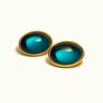 Vintage Trifari Teal Glass Clip on Earrings Gold with Oval Teal Blue Cabochons
