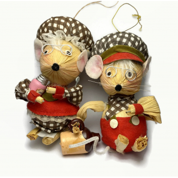 Vintage Kurt S. Adler Corn Husk Mice Ornaments 1983 with Jam Jar and Cider Jug