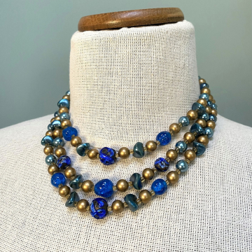 Vintage Blue and Bronze Beaded Choker Necklace Triple Strand Made in Japan 1950s 50s