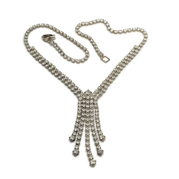 Vintage Pave Rhinestone Necklace Silver Wedding Formal Bride Y Necklace Tassel Fringe 1950s 16" Choker
