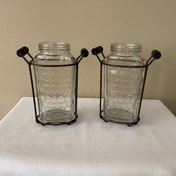 Vintage Style Clear Honeycomb Glass Jars Bottles in Metal Holders Stands Flower Vases Set of Two Retro Decor