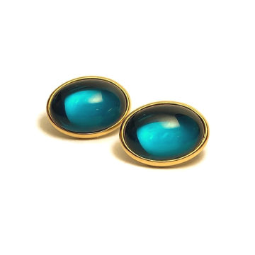 Vintage Trifari Teal Glass Clip on Earrings Gold with Oval Teal Blue Cabochons